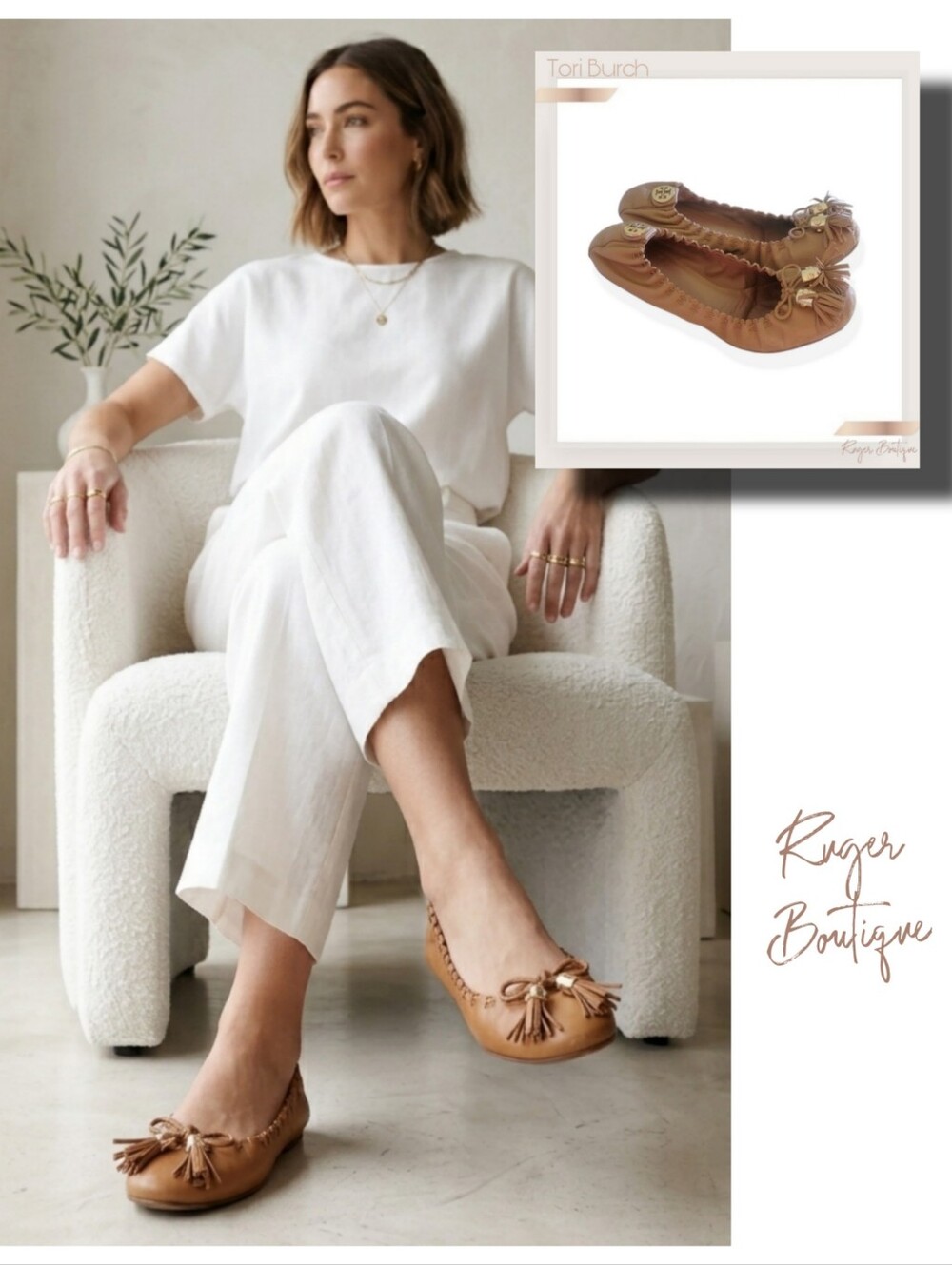 🌿Tory Burch Reese Mestico Royal Tan Leather Tassel Ballet Flats Sz 7